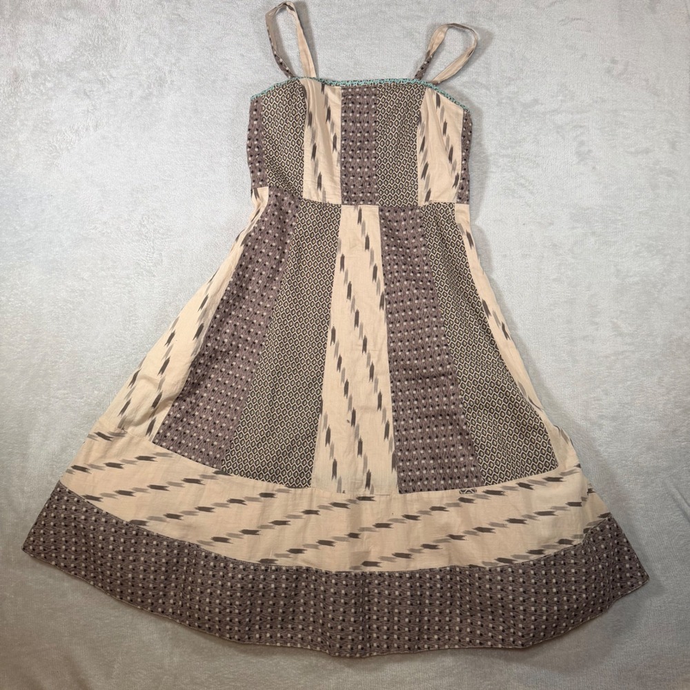 Edme & Esyllte Anthropologie Mixed Print Patchwork Ikat Midi Dress Tan Brown 4